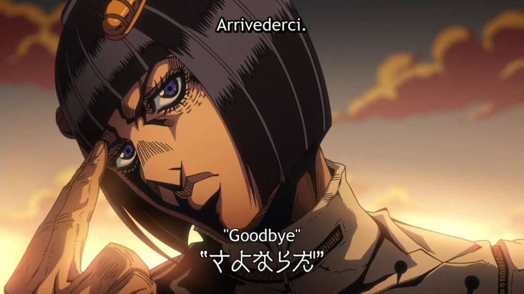 An anime character with long blue hair and a straight face, saying "Arrivederci" translated "Goodbye".